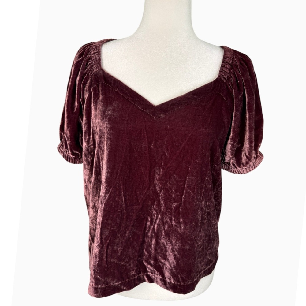 LOFT Petites SP Burgundy Velvet Sweetheart Neck Puff Sleeve Blouse Top
